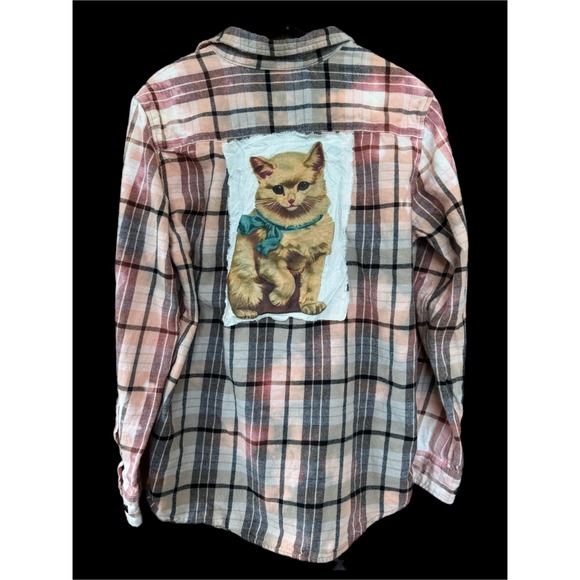 PacSun Tops - Upcycled Cat Patch Flannel Shirt Medium PacSun Cottagecore Folk Art